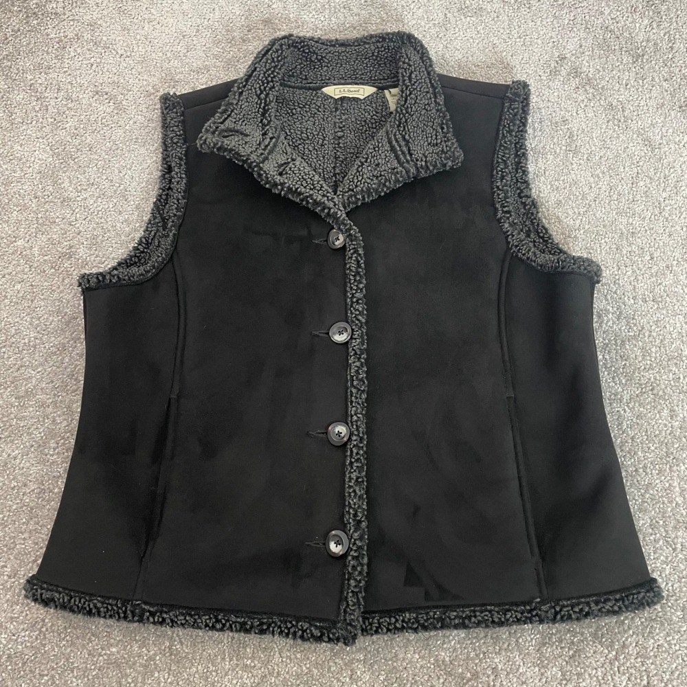 LL Bean Vest Womens Medium Petite Sherpa Lined Faux Suede Button Gorp Black
